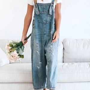 Slouchy Distressed Denim Overalls Super Soft & Comfy